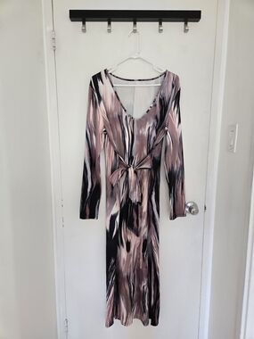 Long Sleeve Pink Marble Tie-Waist Dress